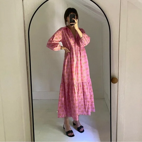 Maeve By Anthropologie Bettina Midi Shirt Dress in Pink Combo - Picture 2 of 10